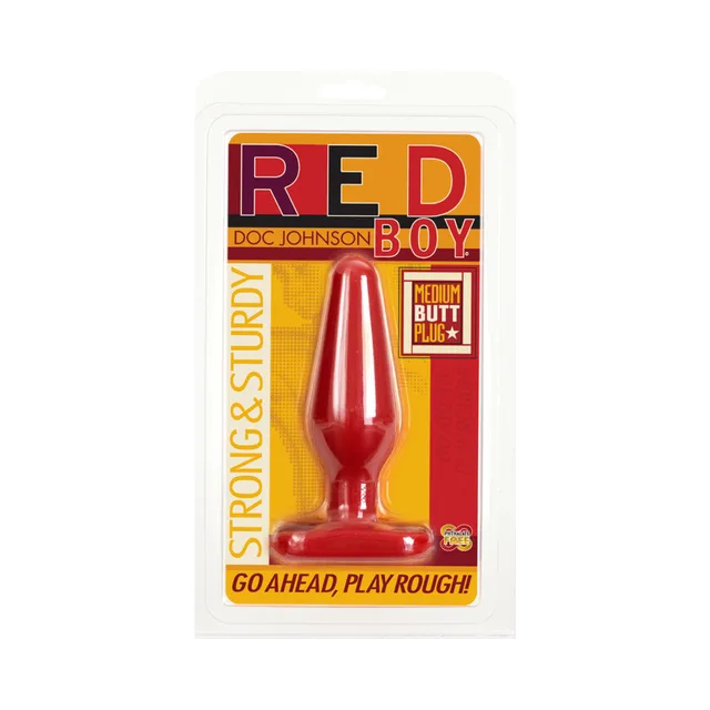 Doc Johnson Red Boy Medium red butt plug in clear retail package