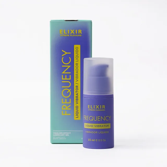 Elixir Frequency Liquid Vibrator 0.5 oz purple pump bottle beside teal retail carton