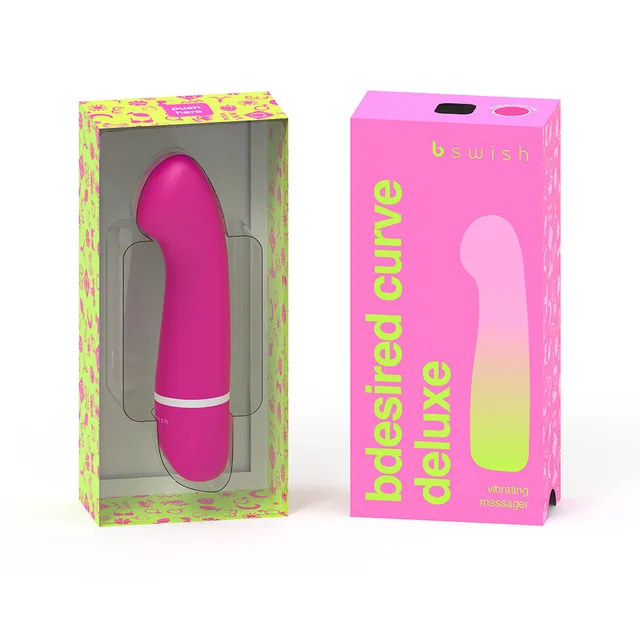rose B Swish Bdesired Deluxe Curve massager beside pink retail box