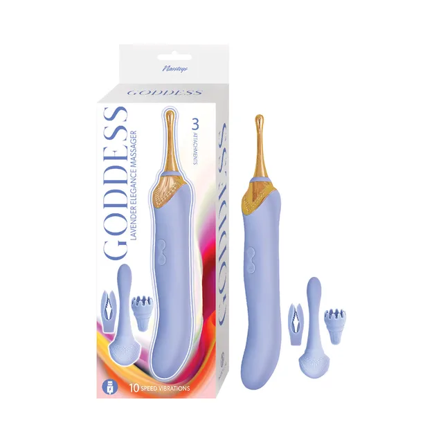 lavender Nasstoys Goddess rechargeable massager with gold tip and three attachments
