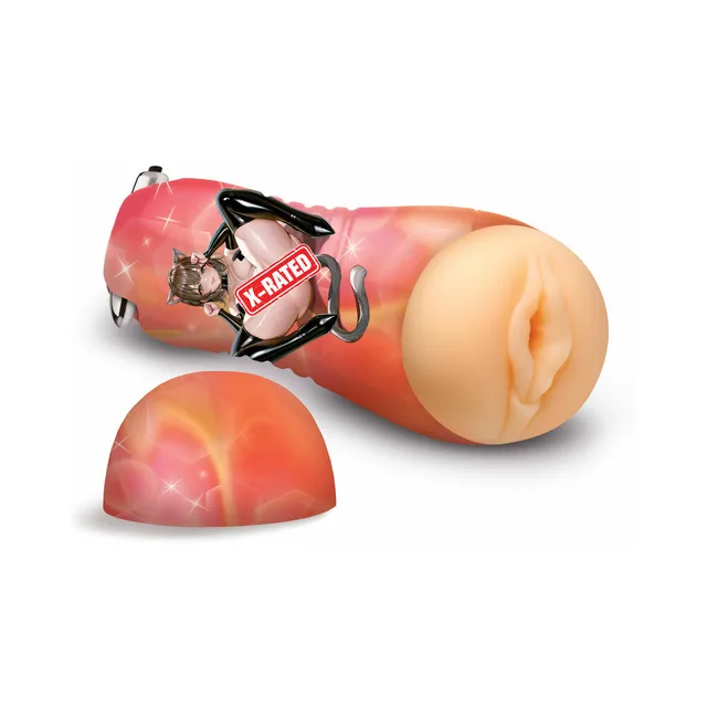 Hentai Fantasies Mochi vibrating vulva stroker with red-orange printed outer sleeve and matching cap
