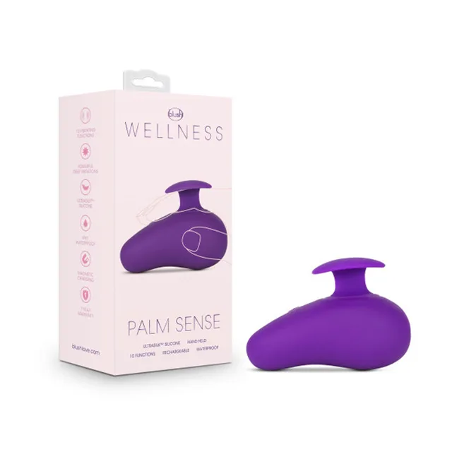 Purple Wellness Palm Sense vibrator beside retail package