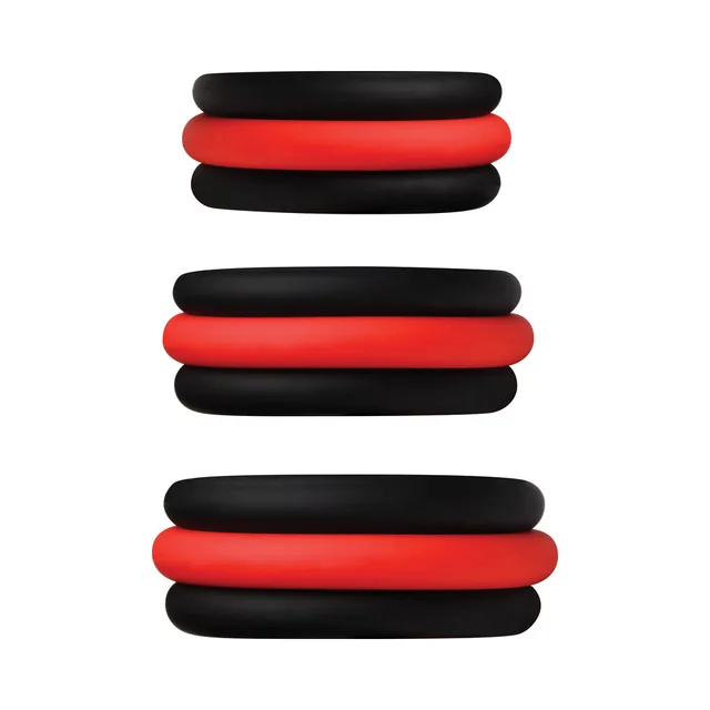 Side stack of three graduated black rings with red centers