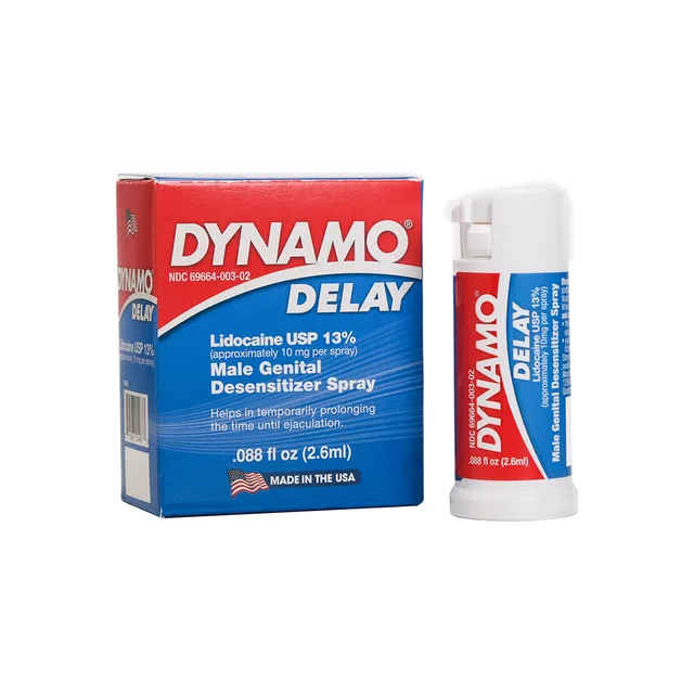 white Dynamo Delay to Go spray container beside red and blue carton