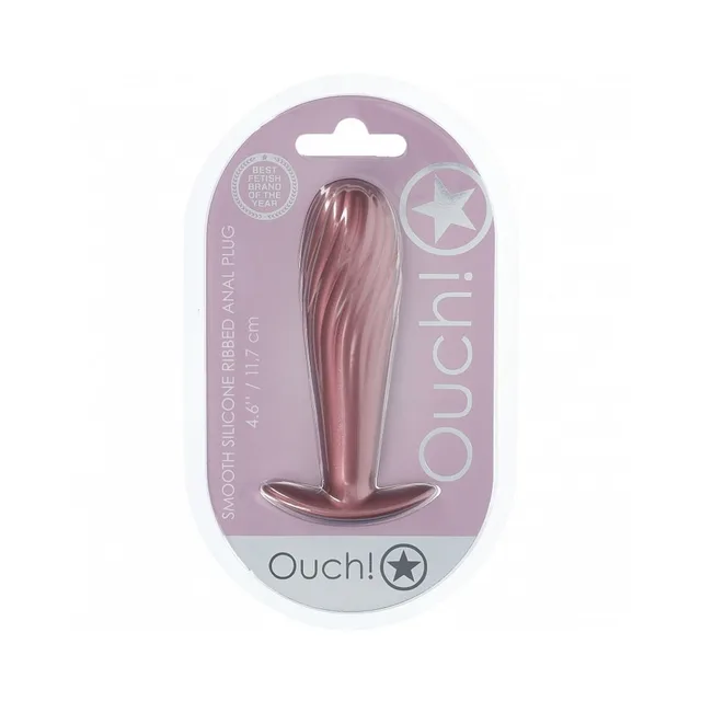 Shots Ouch rose-gold ribbed silicone plug ribbed plug sealed in pink oval blister pack