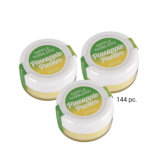 Three yellow Nipple Nibbler Pineapple Pucker balm pots marked 144 pieces