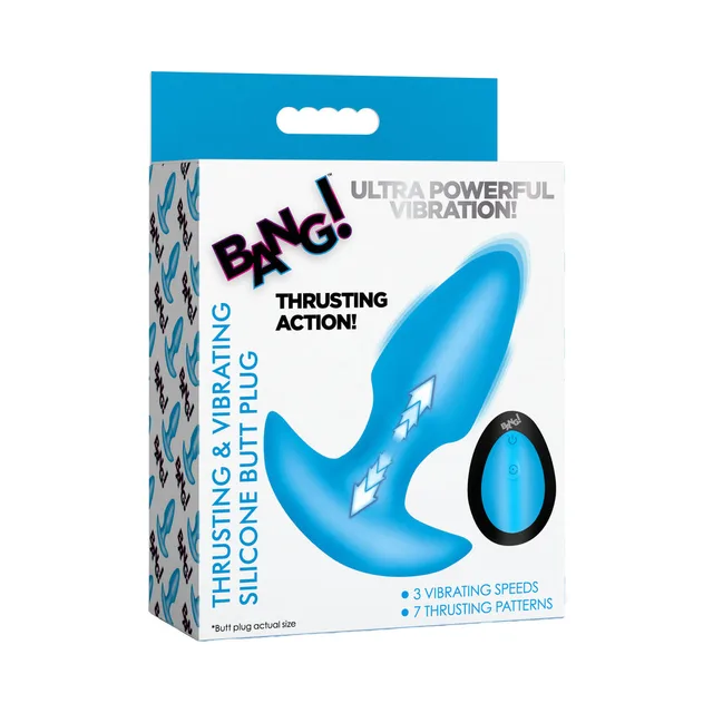 BANG blue silicone thrusting butt plug in blue-and-white retail packaging