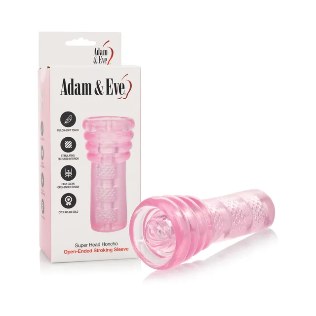 Adam & Eve Super Head Honcho pink stroker beside white retail box
