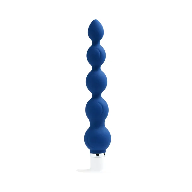 VeDO Quaker Midnight Blue Anal Vibrator upright front view on white flared base