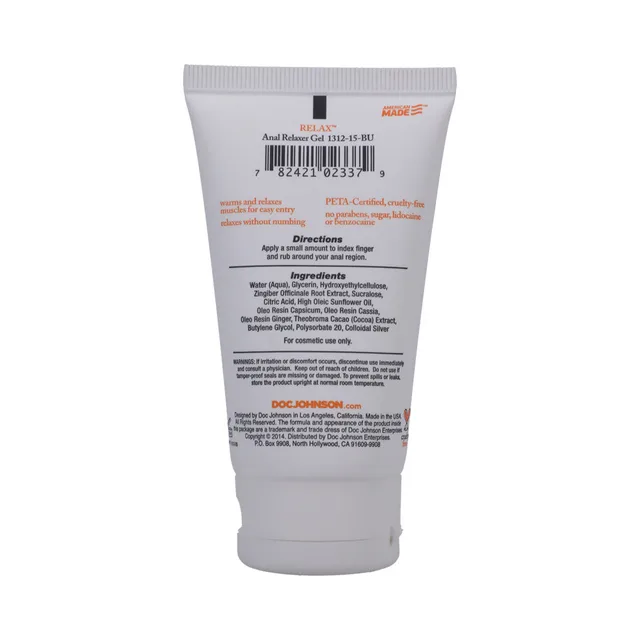 Doc Johnson Relax Anal Gel Bulk white squeeze tube rear label and barcode