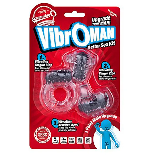 Screaming O VibrOman Three-Piece Kit red blister card with three clear black attachments