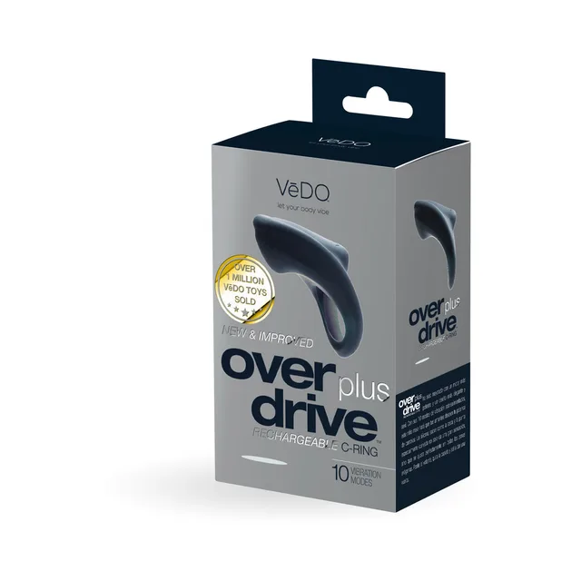 VeDO Overdrive Plus black vibrating ring beside gray-and-black retail box