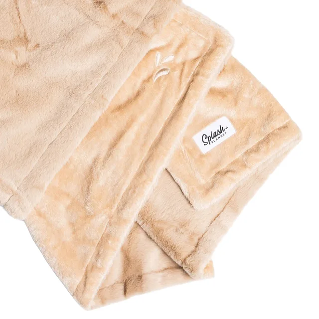 Splash Blanket Furlush medium Chai beige polyester throw folded to show the layered pile and branded corner label
