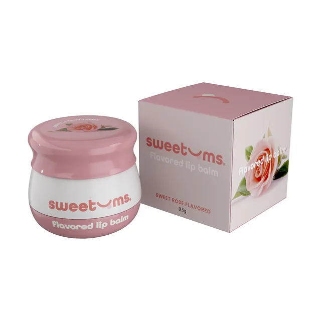 Sweetums Sweet Rose Lip Balm jar and roses-illustrated retail box