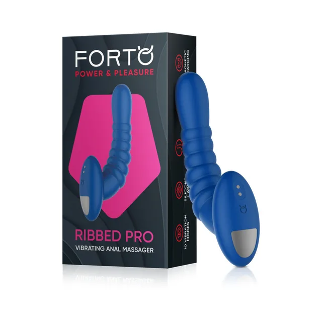 Forto Ribbed Pro blue massager beside retail box