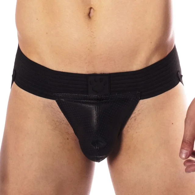 Front close-up of XL black Prowler RED hole punch jock