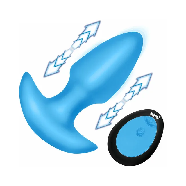 BANG blue silicone thrusting butt plug beside the black oval remote with motion arrows