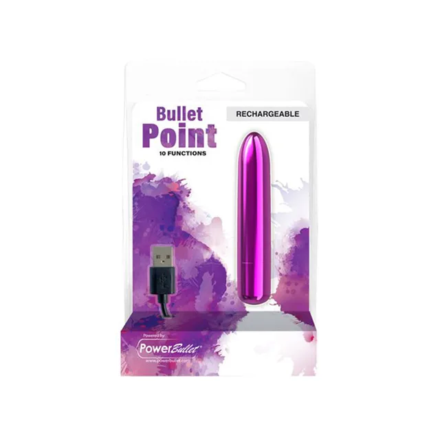 Purple Power Bullet Point vibrator and USB cable in retail package
