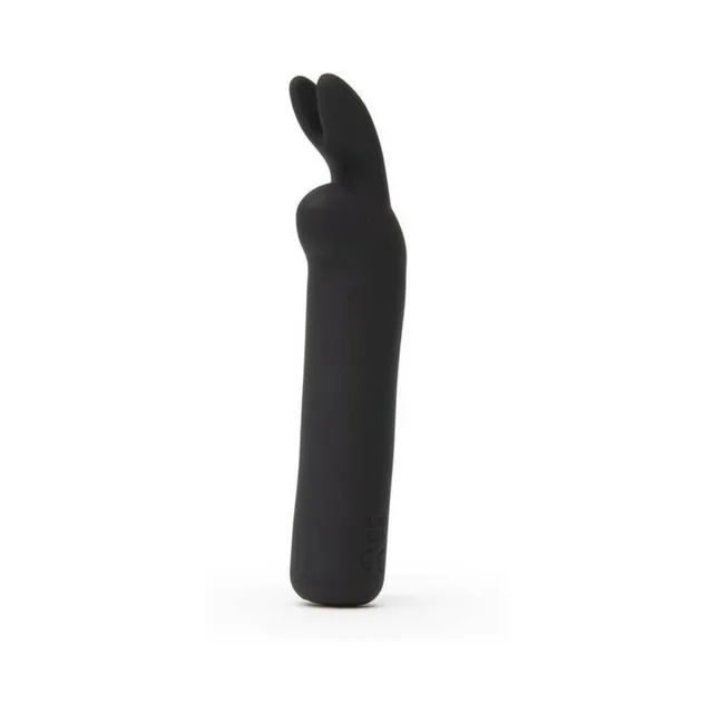 Angled front view of black rabbit-ear bullet vibrator