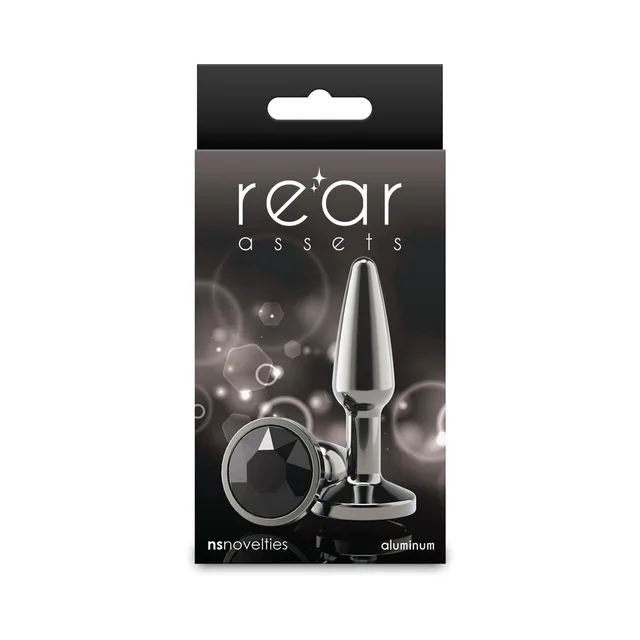 Small gunmetal Rear Assets tapered aluminum plug with dark jewel base on box