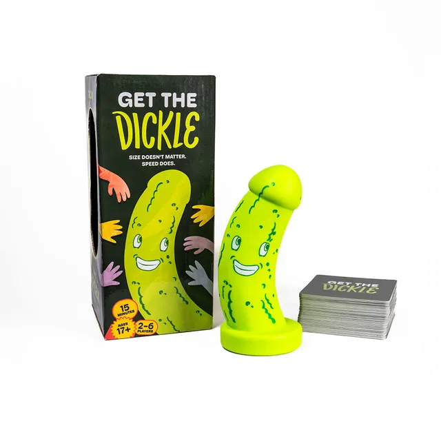 Cheeky Get the Dickle card game with green game piece, cards and retail box