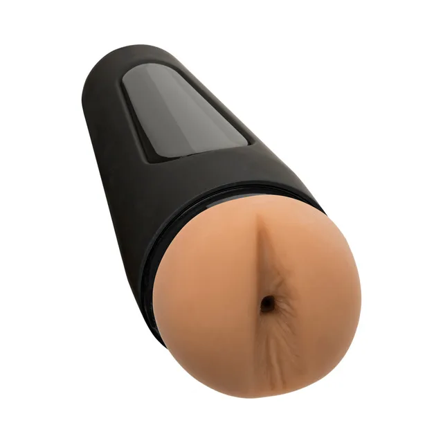 Doc Johnson Main Squeeze Twink vanilla stroker angled opening view in black tapered case
