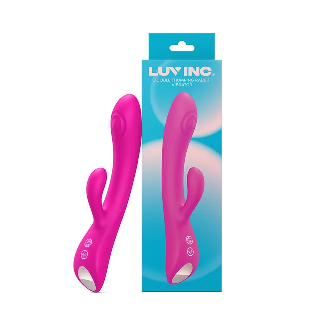 Hot-pink Luv Inc DR42 dual-arm rabbit vibrator displayed beside teal package
