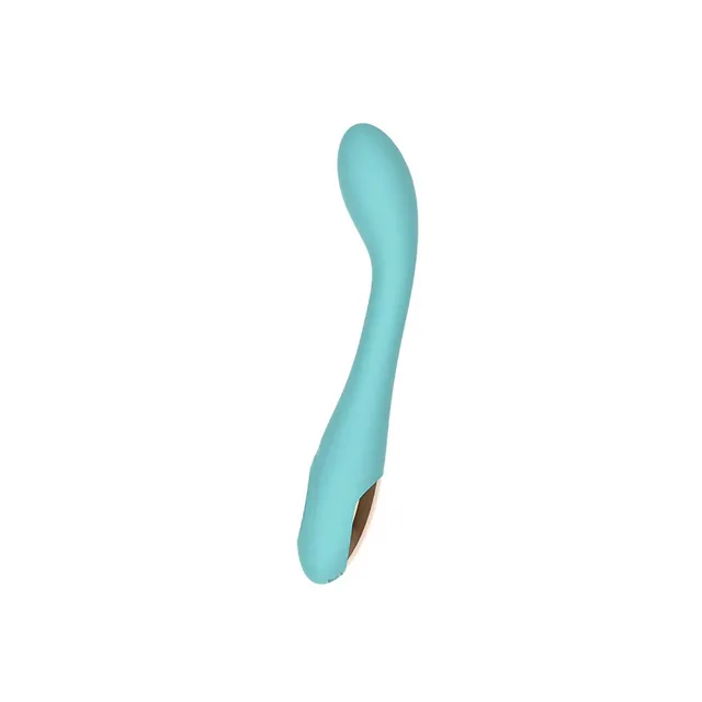 Side angle of aqua Spectrum curved vibrator with gold-tone control panel