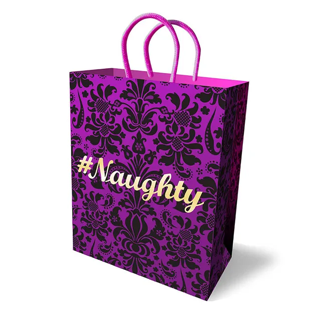 Little Genie #Naughty purple damask gift bag with magenta loop handles