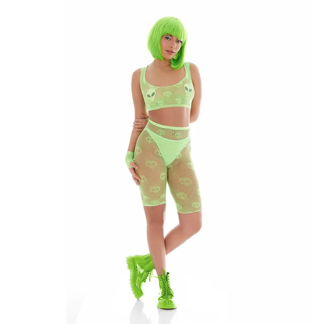 model wearing neon green skull-pattern fishnet bike shorts with matching crop top