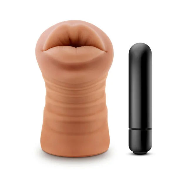 Blush M for Men Isabella tan oral stroker upright front view with molded lips and bullet at right