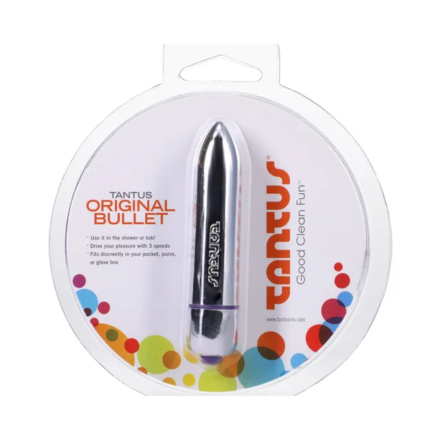 Tantus Original silver bullet vibrator in round retail package