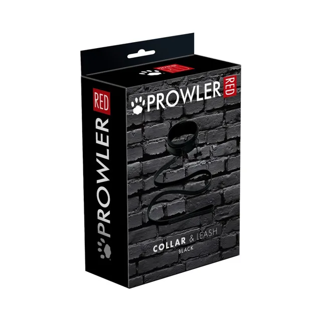 Prowler RED black collar and leash set black brick-pattern hanging carton with collar leash and bone charm pictured