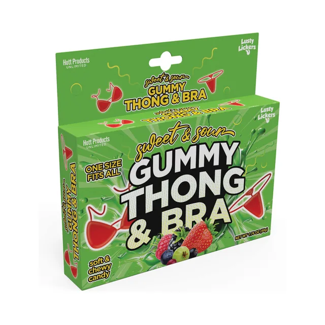 green Sweet and Sour Gummy Thong and Bra box with fruit graphics and candy lingerie illustration