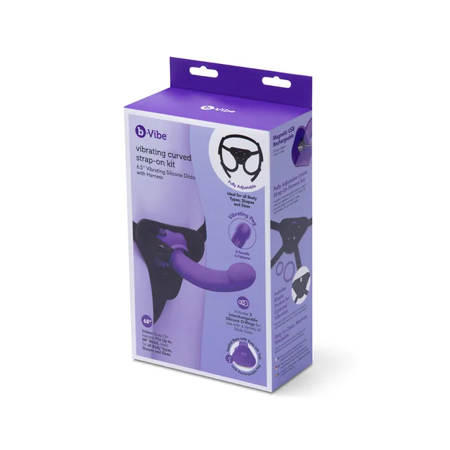 b-Vibe purple curved strap-on kit in black-and-purple retail box