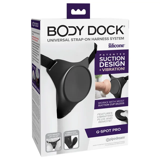 Body Dock G-Spot Pro white box with black vibrating harness graphic