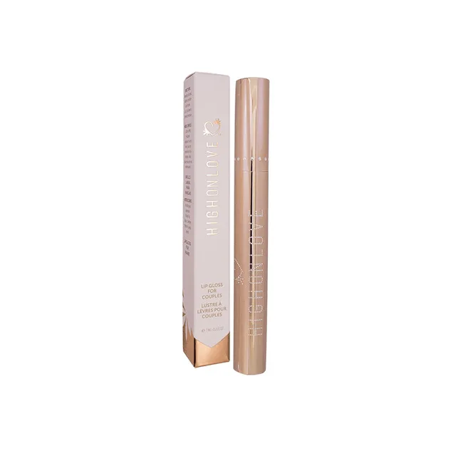 slim rose-gold HighOnLove Couples Lip Gloss tube beside matching carton