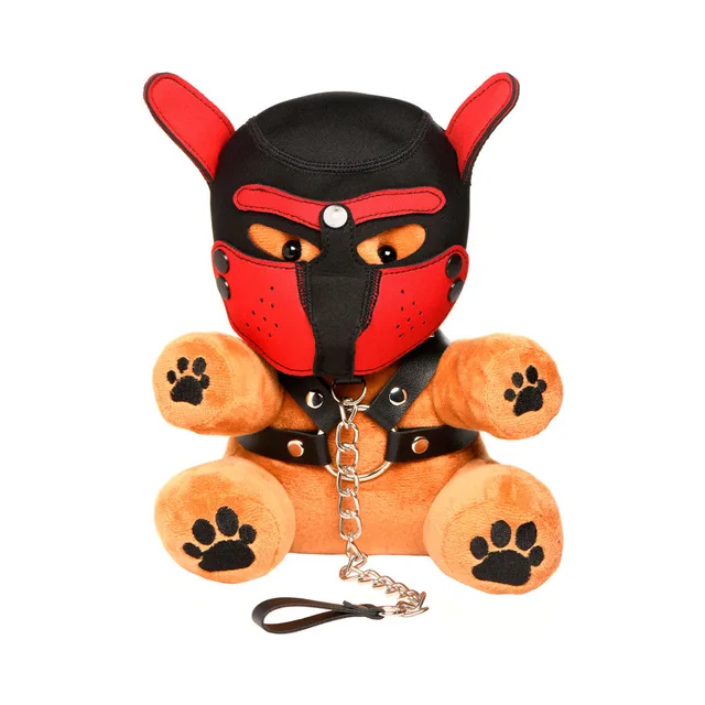 XR Brands Master Series brown Pup Bear plush wearing red and black hood harness collar chain and leash