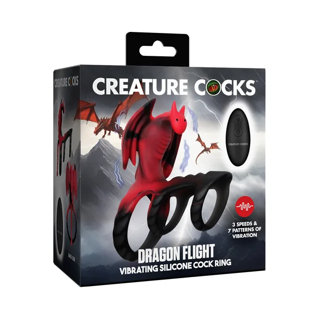 Creature Cocks Dragon Flight red-and-black vibrating ring in illustrated retail box