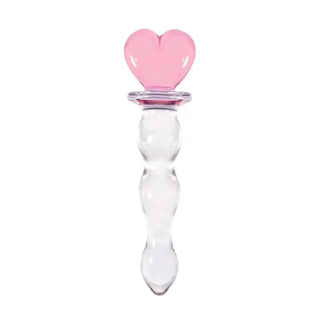 Crystal Heart Pink Glass Dildo clear contoured dildo with pink heart handle