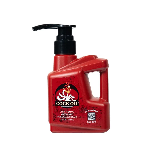Red 10 oz Cock Oil water-based lubricant bottle with black pump and handle