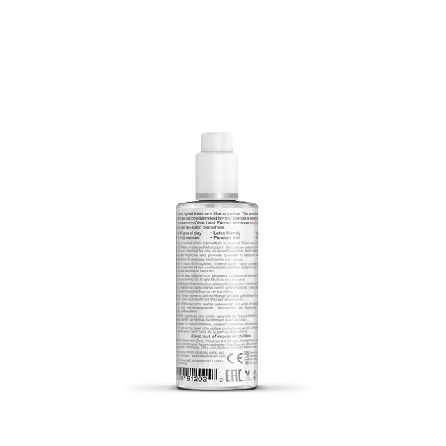 Rear label on Wicked Simply Hybrid transparent bottle