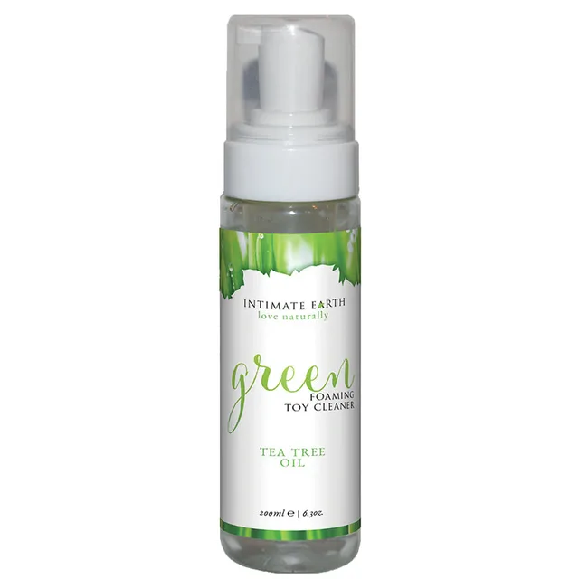 Intimate Earth Green Foaming Toy Cleaner tall clear pump bottle with green tea tree label