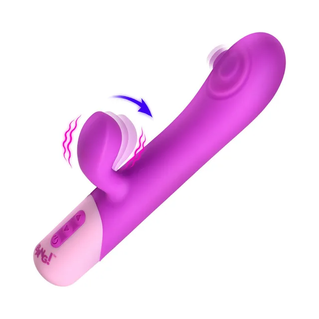 BANG purple pulsing rabbit vibrator front view with motion arrows around the shaft