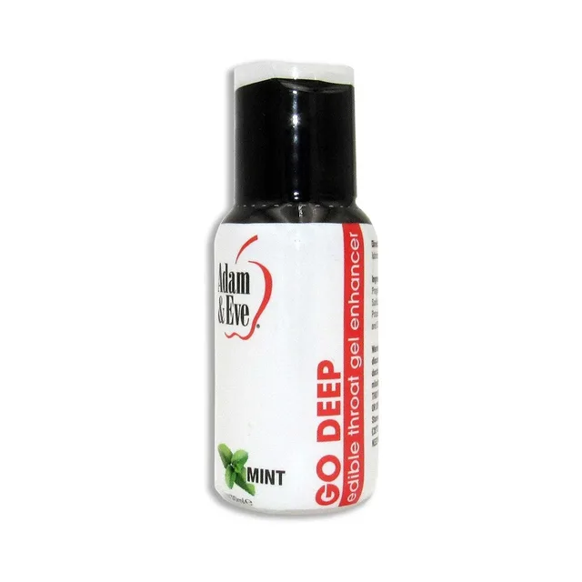 Adam & Eve Go Deep clear mint gel 1 oz front bottle view with black flip cap and green mint graphic