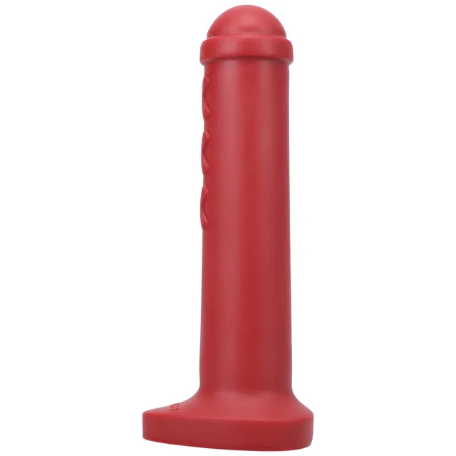 Left angle of red Tantus Amsterdam Junior straight silicone shaft
