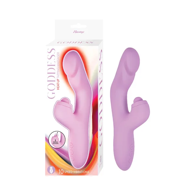 lavender Goddess Heat-Up curved tapping massager beside white and purple box