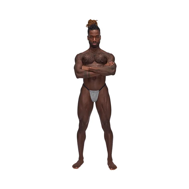 Full front view of model wearing gray Sexagon Posing Strap G-string