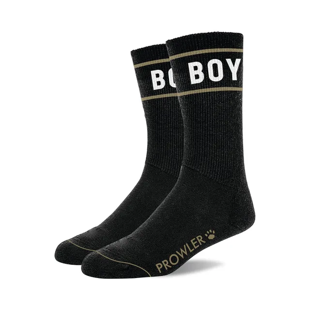 Prowler RED Boy black cotton crew socks pair with white BOY cuff lettering and gold-tone sole branding