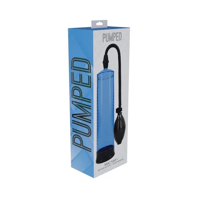 Blue Shots Pumped Basic Pump 1 with squeeze bulb displayed in retail box